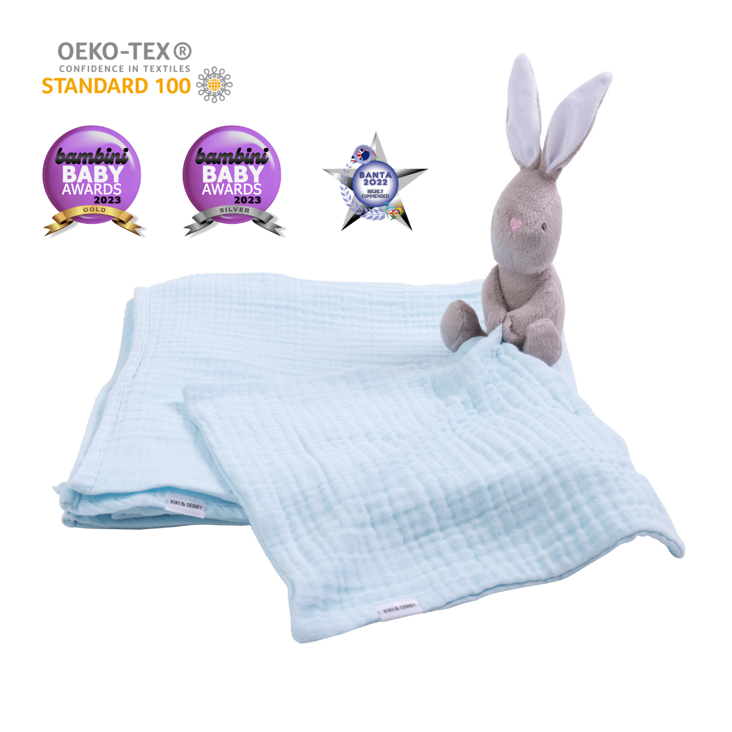 Kiki and Sebby Bunny Comforter (Blue Muslin)