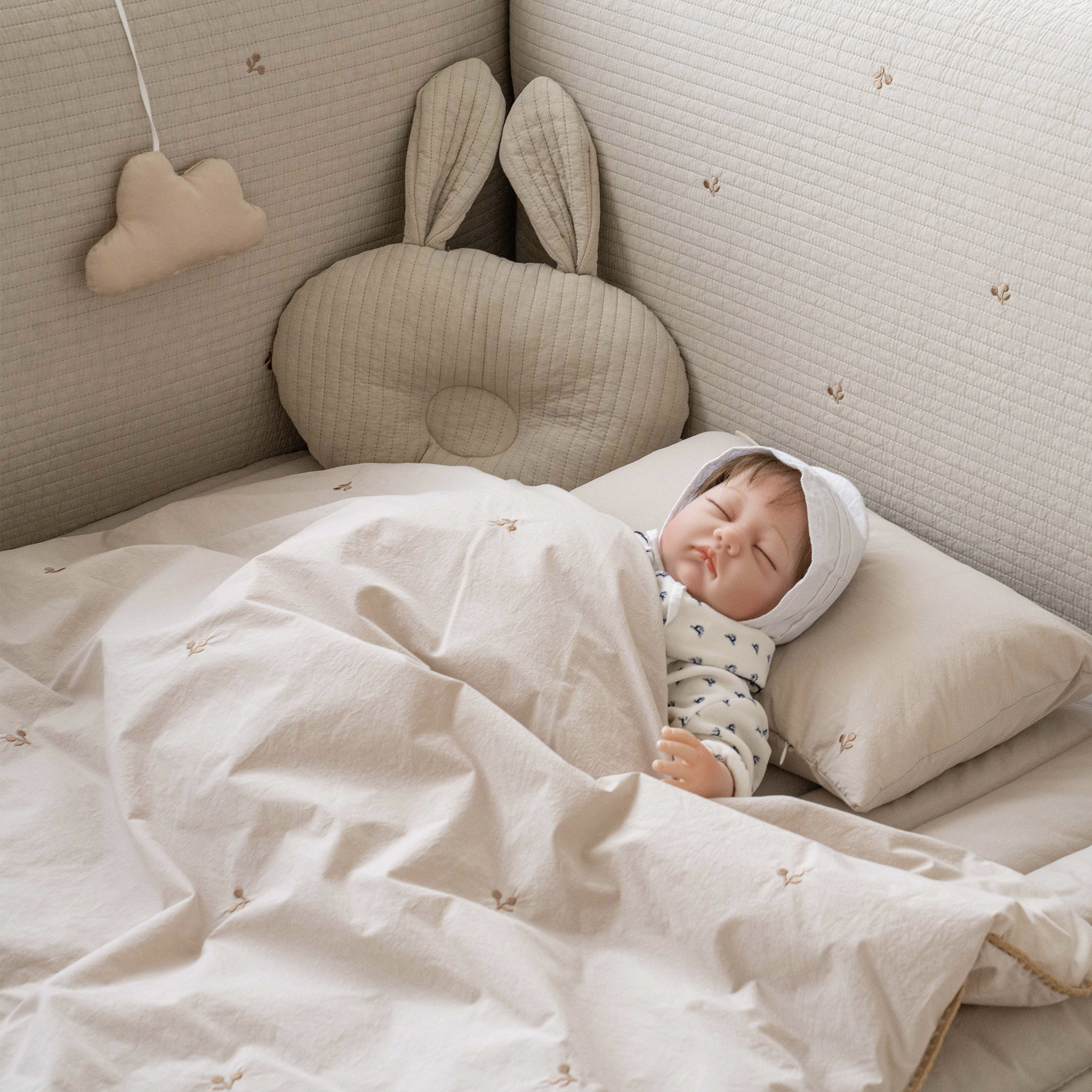 LOLBaby Cotton Embroidery Bumper Bed with Hanging Toy and Canopy - Cherry Beige (Pre Order End Nov to Early Dec 25))