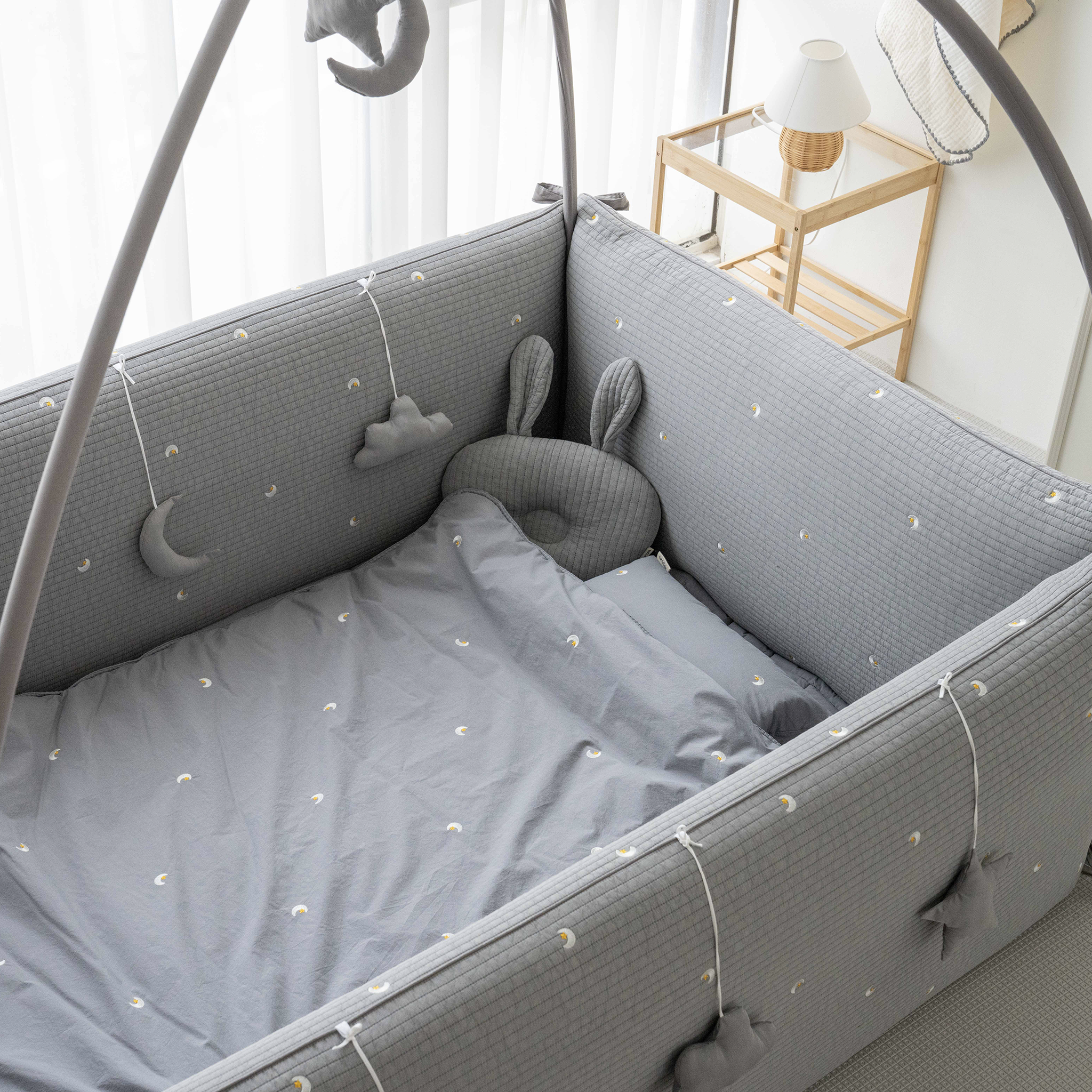 LOLBaby Cotton Embroidery Bumper Bed with Hanging Toy and Canopy - Moon Star Grey (Pre Order)