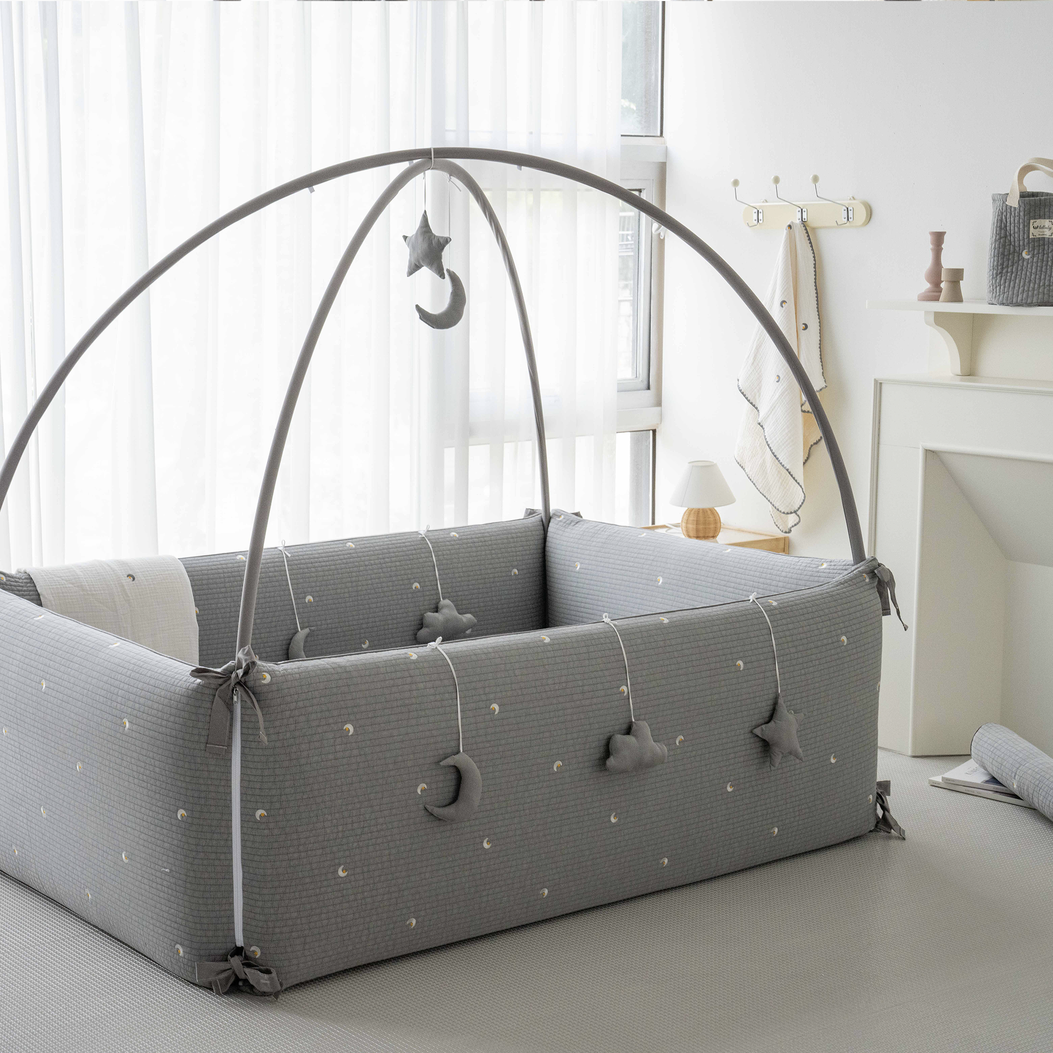 LOLBaby Cotton Embroidery Bumper Bed with Hanging Toy and Canopy - Moon Star Grey