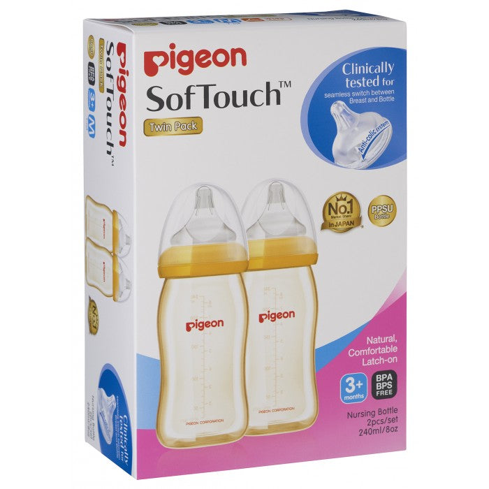 Pigeon Softouch Peristaltic Plus Ppsu Nursing Bottle, 240ml (M) 3+ Months (Y-Cut) Twin Pack | Little Baby.