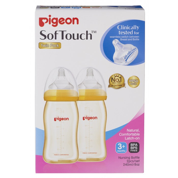 Pigeon Softouch Peristaltic Plus Ppsu Nursing Bottle, 240ml (M) 3+ Months (Y-Cut) Twin Pack | Little Baby.