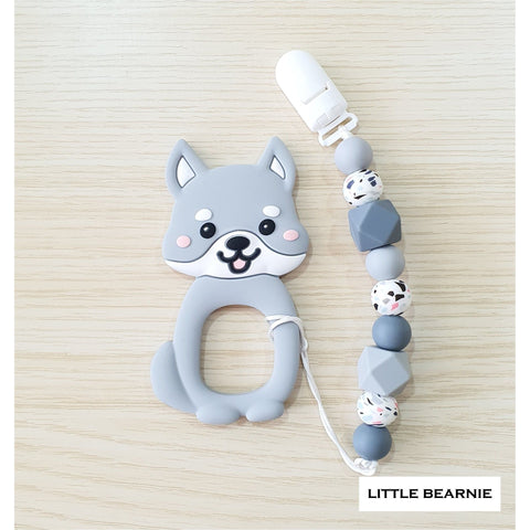 Little Bearnie Modern Baby Teether Clip Set - Cutie Shiba (Grey) | Little Baby.