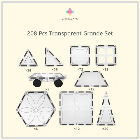 SparksMag Transparent 208 Pcs Grande Magnetic Tiles Set