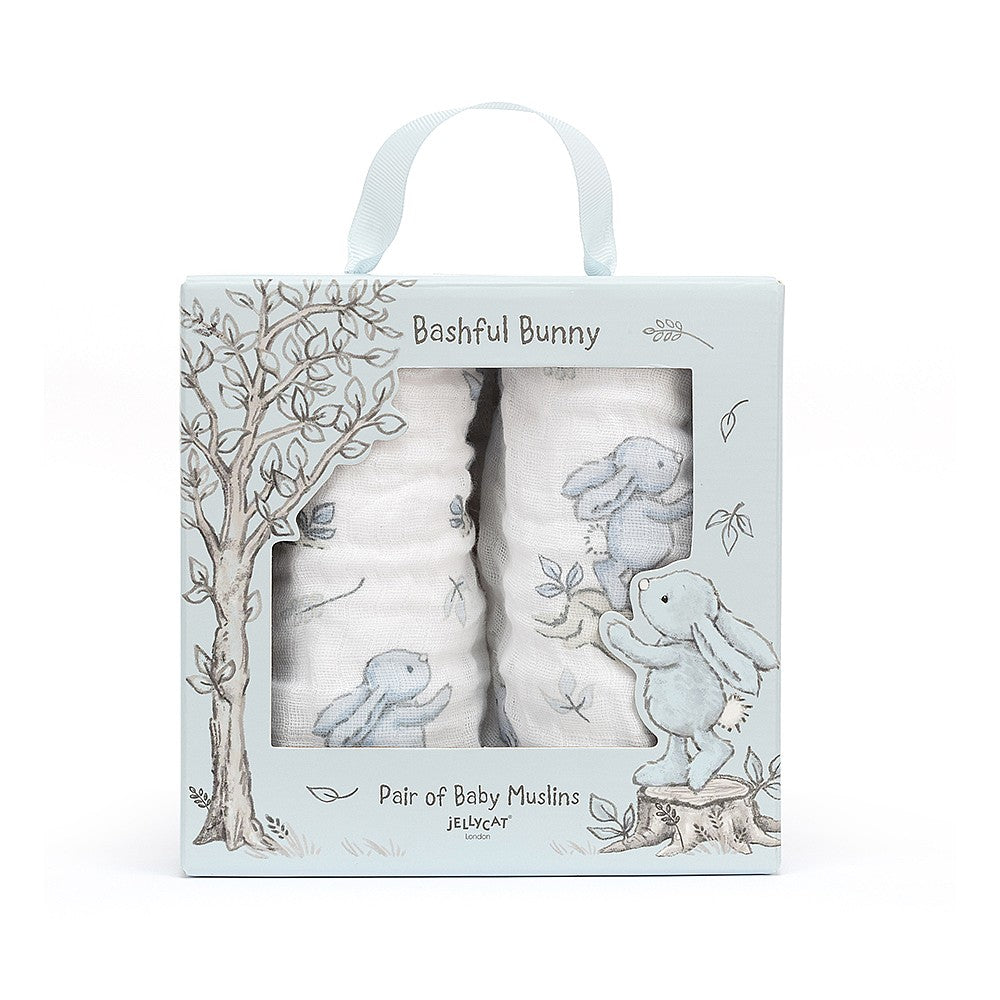 JellyCat Bashful Blue Bunny Pair Of Muslins | Little Baby.