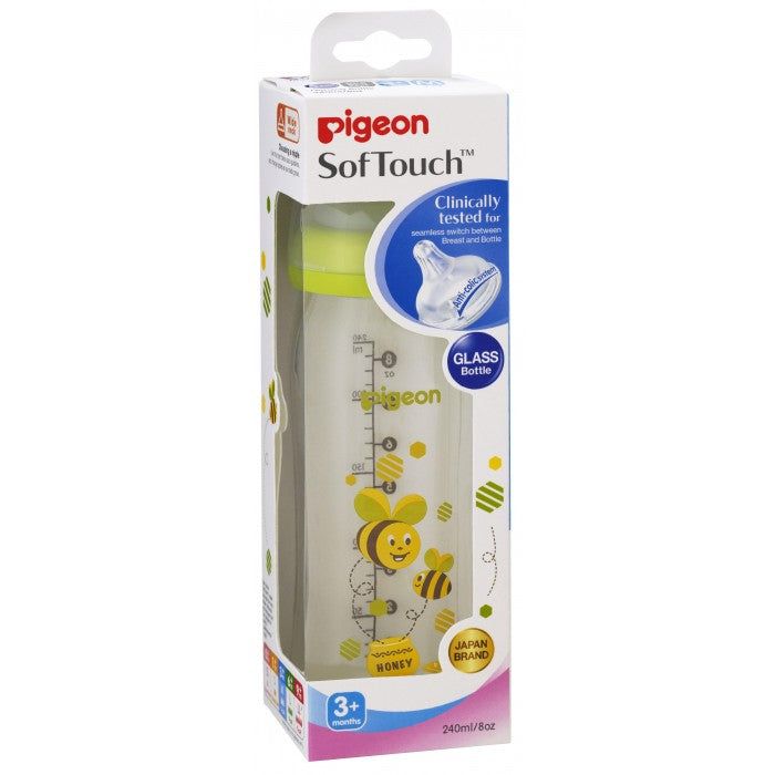 Pigeon Wide-Neck Softouch Glass Peristaltic Plus Nursing Bottle - 240ml (Bee) | Little Baby.