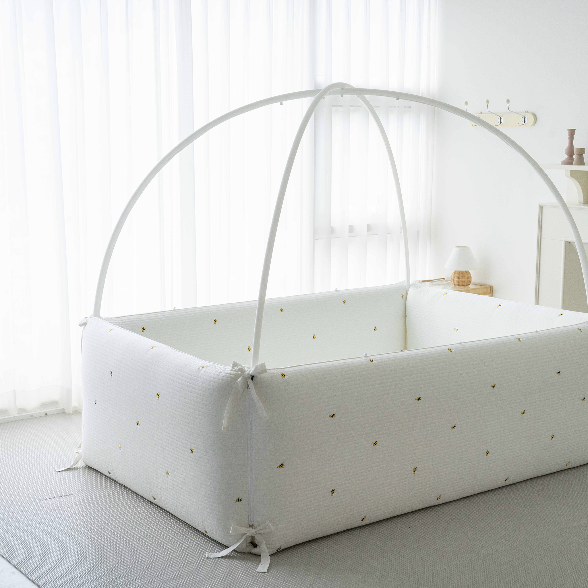 LOLBaby Cotton Embroidery Bumper Bed with Hanging Toy and Canopy - Honey Bee  (Pre Order End March 24)