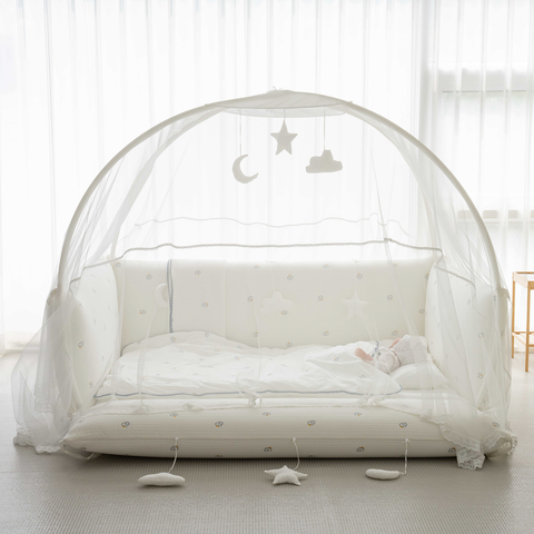LOLBaby Cotton Embroidery Bumper Bed with Hanging Toy and Canopy - Cloud White  (Pre Order End March 24)