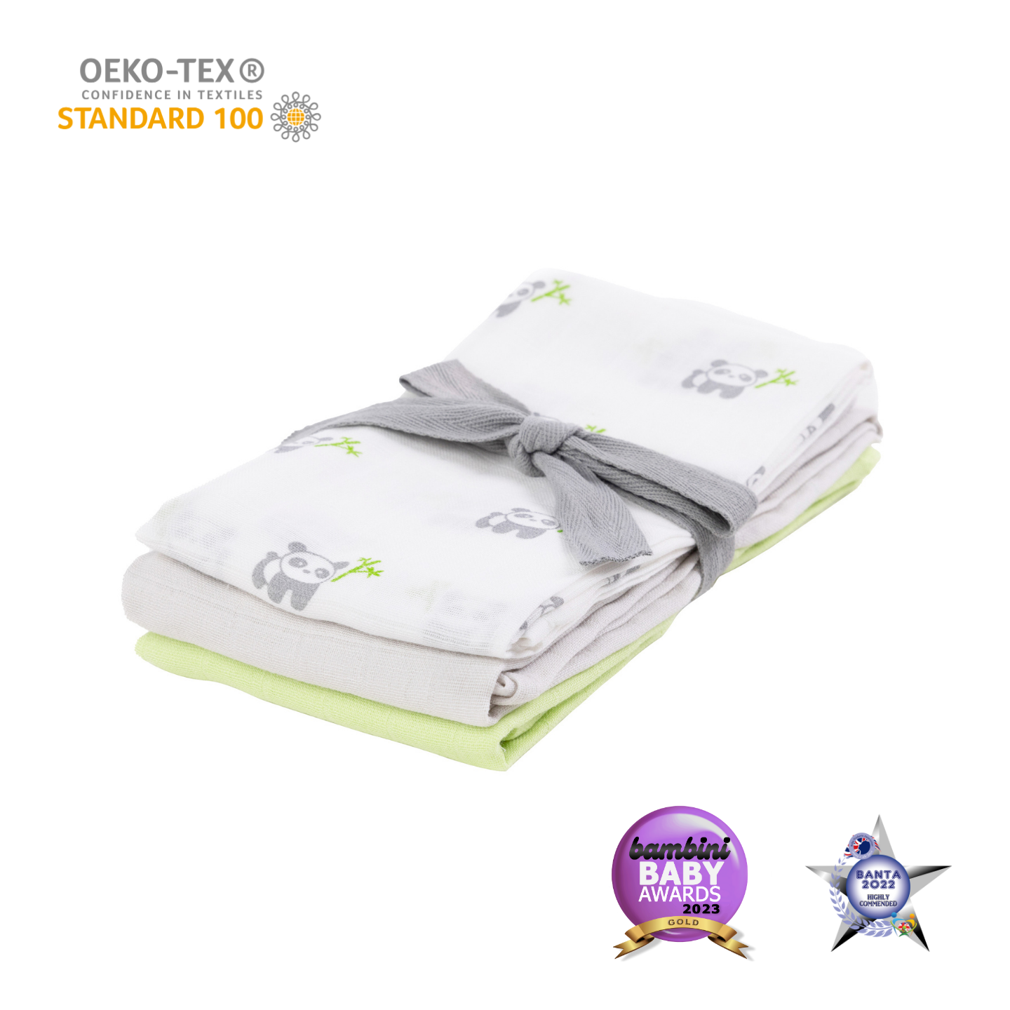 Kiki and Sebby PANDA Bamboo Cotton Muslin Squares – 3 pack