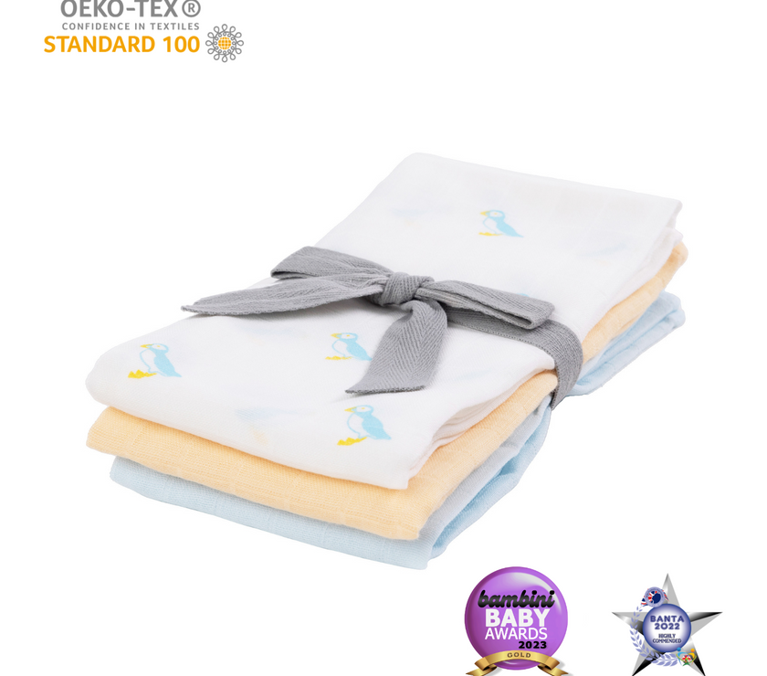 Kiki and Sebby PUFFIN 100% Cotton Muslin Squares – 3 pack