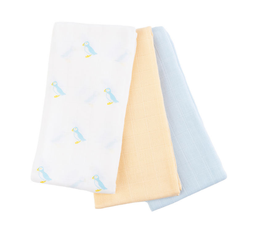 Kiki and Sebby PUFFIN 100% Cotton Muslin Squares – 3 pack
