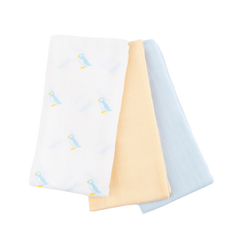Kiki and Sebby PUFFIN 100% Cotton Muslin Squares – 3 pack