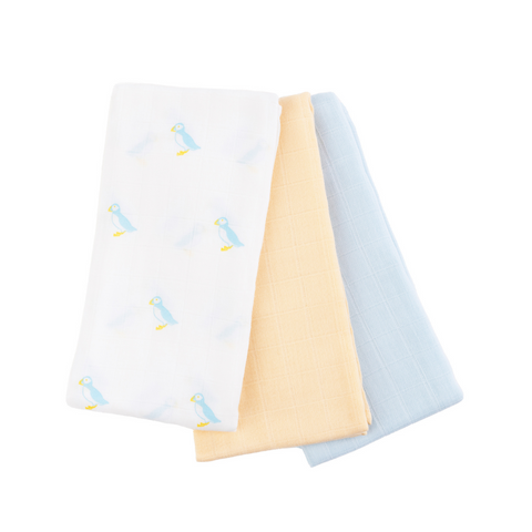Kiki and Sebby PUFFIN 100% Cotton Muslin Swaddle Blankets – 3 pack