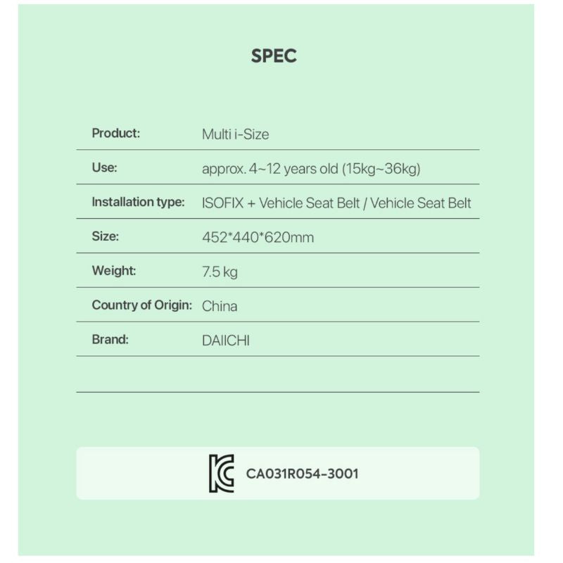 Daiichi Multi i-Size Junior Reclining Car Seat (4-12yo)-13