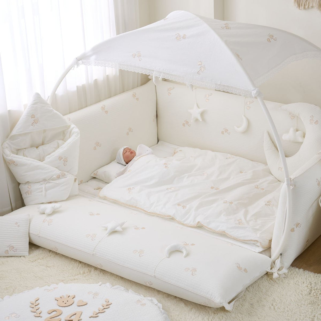 LOLBaby Cotton Embroidery Bumper Bed with Hanging Toy and Canopy - Golden Dragon (PO End Apr 25)