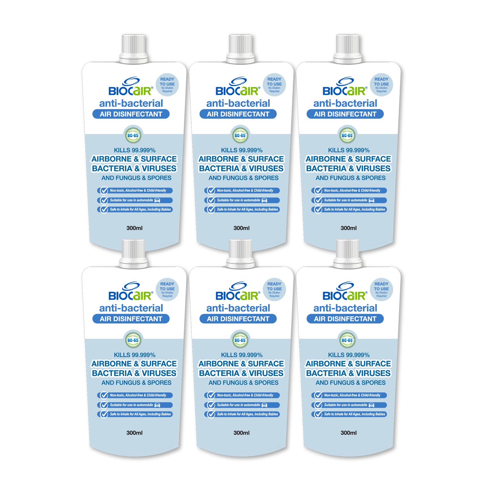 BioCair Anti-Bacterial Disinfectant Air Purifying Solution, 300ml, 6-Pack