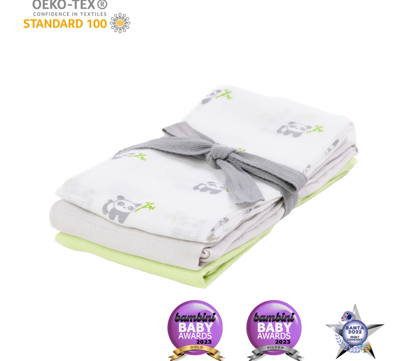 Kiki and Sebby PANDA 100% Cotton Muslin Squares – 3 pack