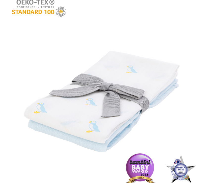 Kiki and Sebby PUFFIN Bamboo Cotton Muslin Swaddle Blankets – 2 pack