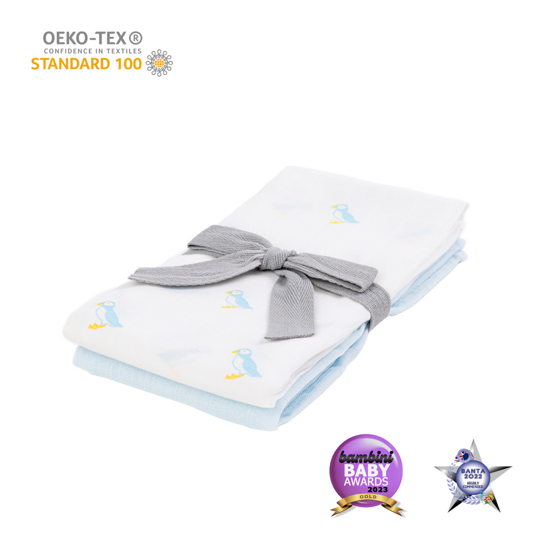 Kiki and Sebby PUFFIN Bamboo Cotton Muslin Swaddle Blankets – 2 pack