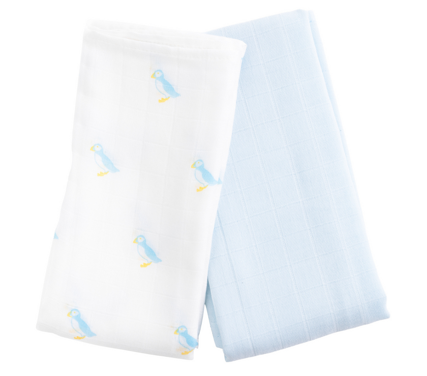 Kiki and Sebby PUFFIN Bamboo Cotton Muslin Swaddle Blankets – 2 pack