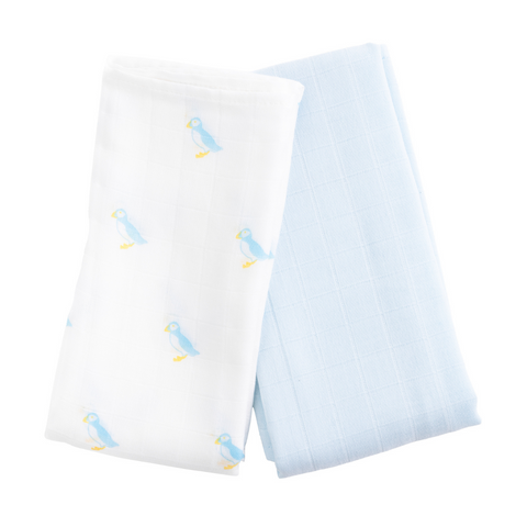 Kiki and Sebby PUFFIN Bamboo Cotton Muslin Swaddle Blankets – 2 pack