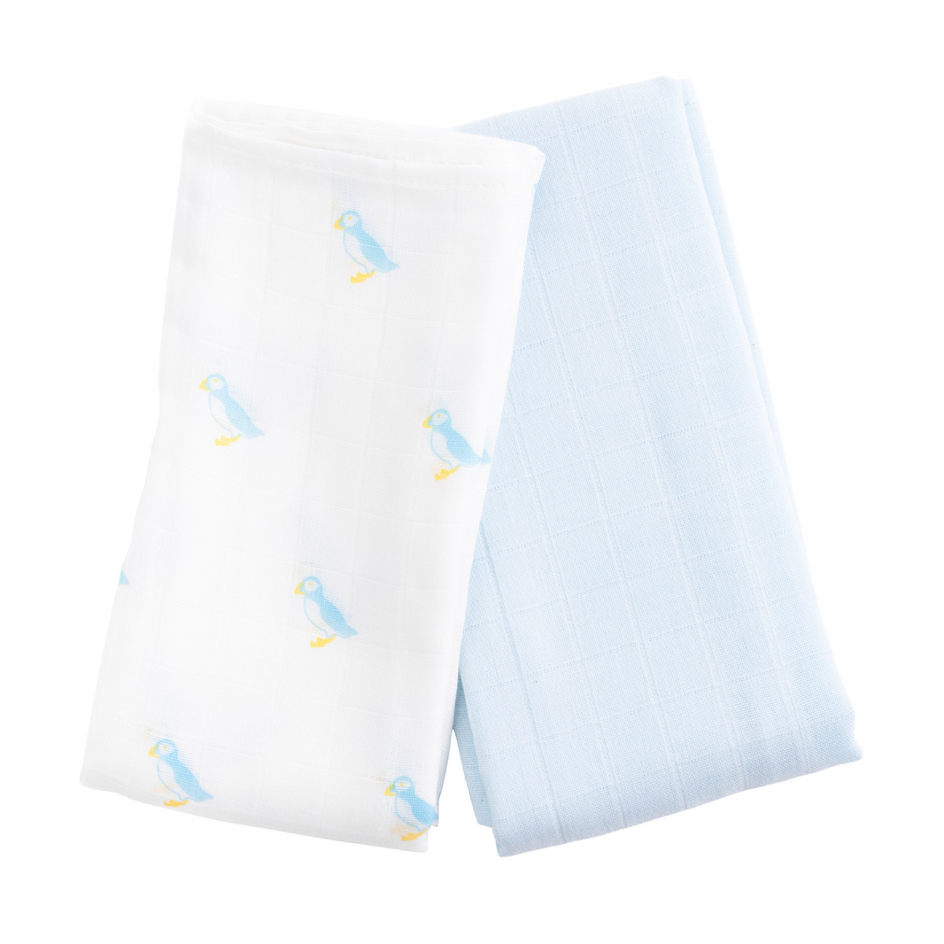 Kiki and Sebby PUFFIN Bamboo Cotton Muslin Swaddle Blankets – 2 pack