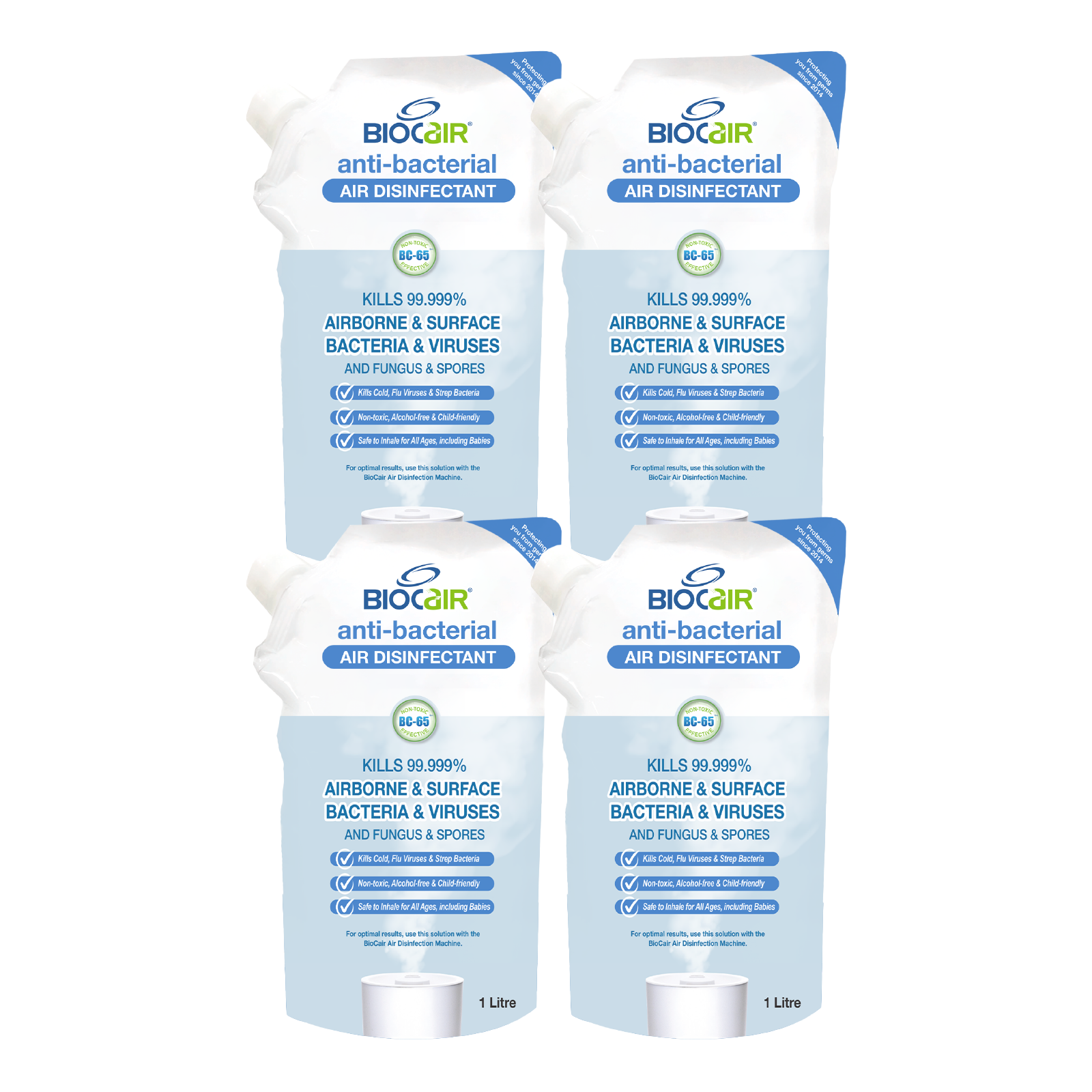 BioCair Anti-Bacterial Disinfectant Air Purifying Solution, 1 Litre, 4-Pack