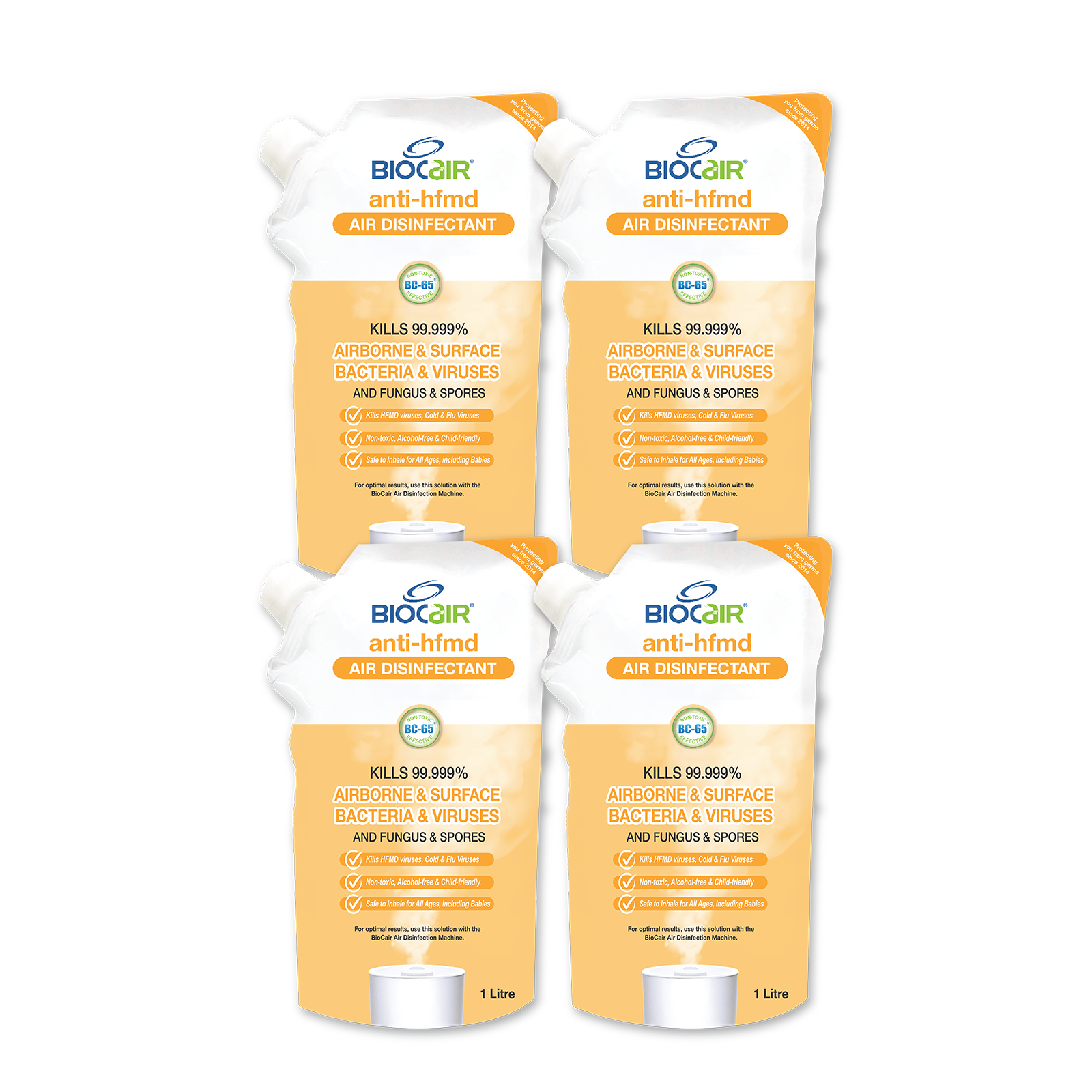 BioCair Anti-HFMD BioActive Air Purifying Solution, 1 Litre, 4-Pack