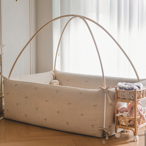 LOLBaby Cotton Embroidery Bumper Bed with Hanging Toy and Canopy - Golden Rabbit (Pre Order ETA End Nov 23)
