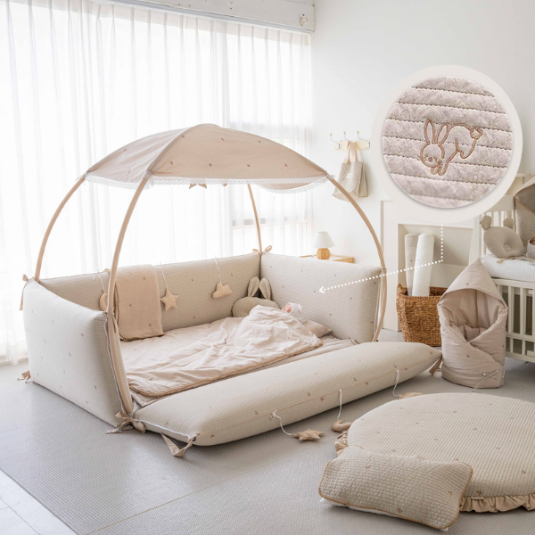 LOLBaby Cotton Embroidery Bumper Bed with Hanging Toy and Canopy - Golden Rabbit  (PO End April 25)