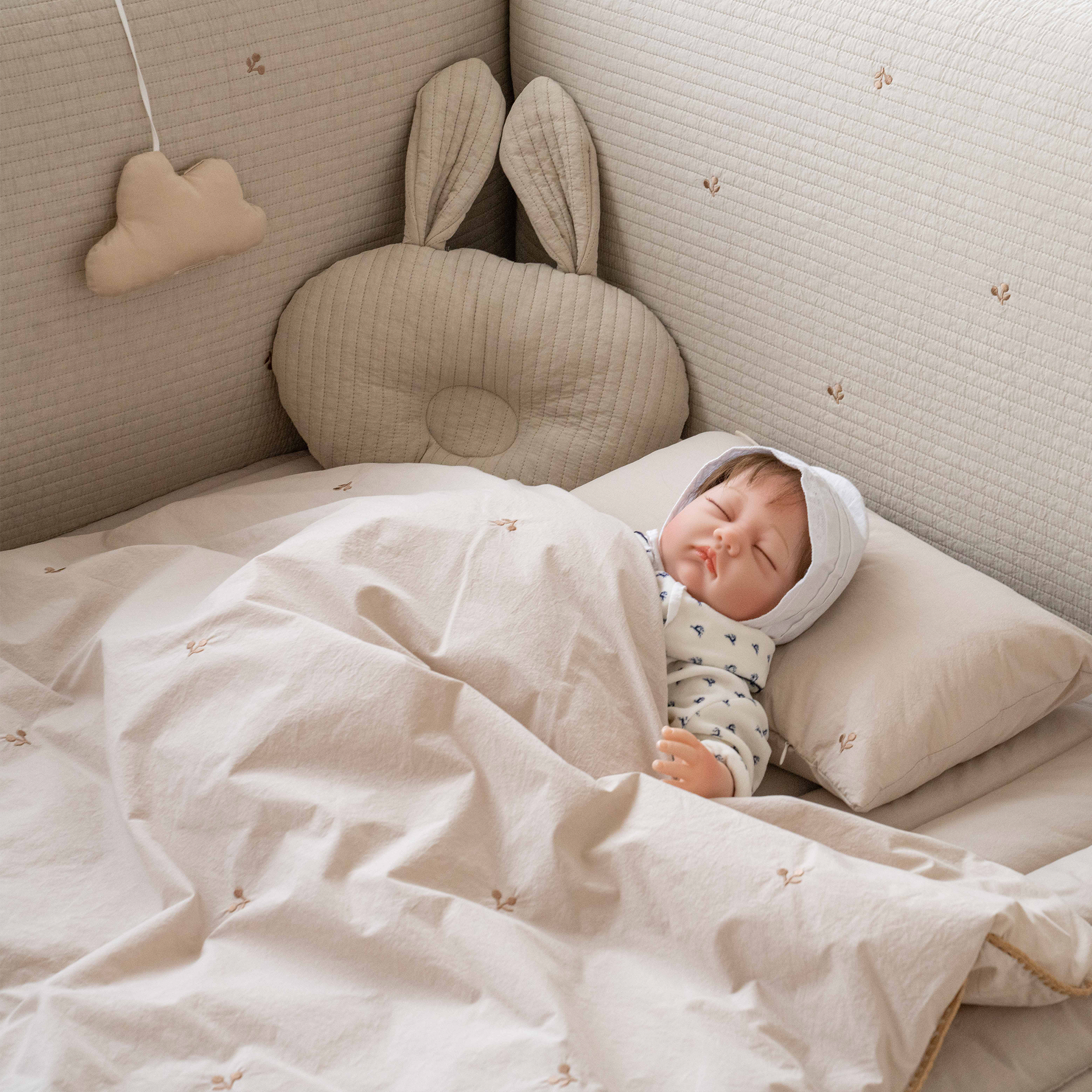 LOLBaby Cotton Embroidery Bumper Bed with Hanging Toy and Canopy - Cherry Beige (Pre Order Feb 2026)