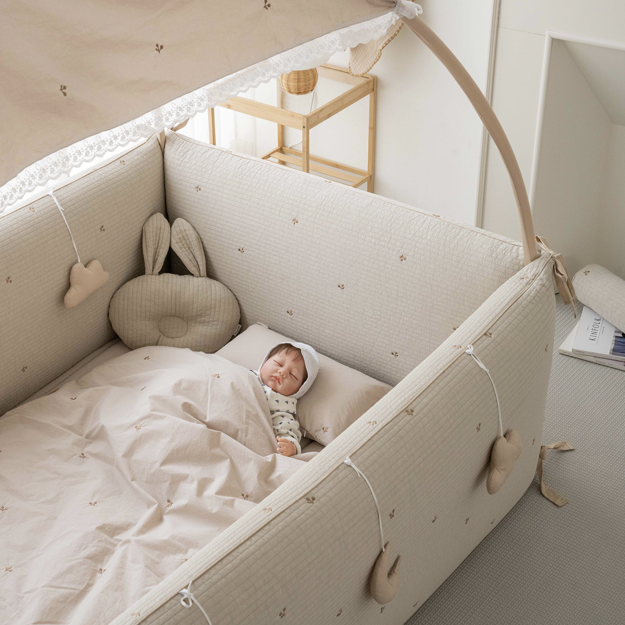 LOLBaby Cotton Embroidery Bumper Bed with Hanging Toy and Canopy - Cherry Beige (Pre-order only)