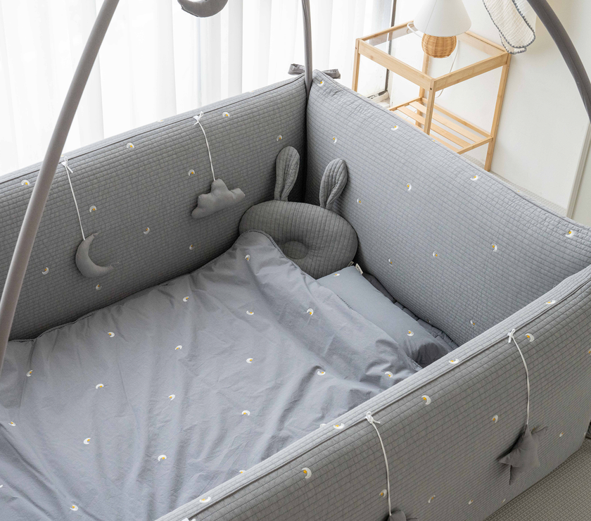 LOLBaby Cotton Embroidery Bumper Bed with Hanging Toy and Canopy - Moon Star Grey (PO Mid March 25)