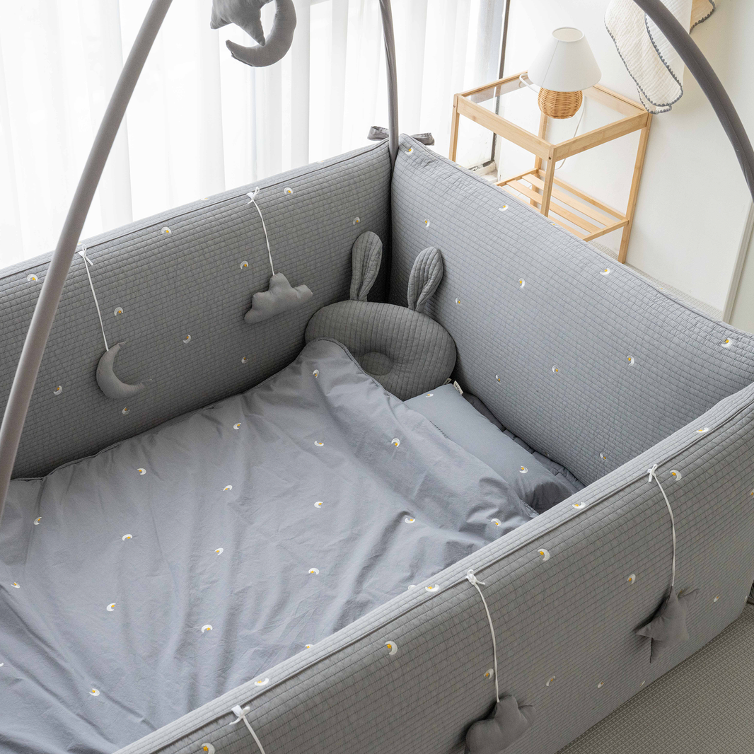 LOLBaby Cotton Embroidery Bumper Bed with Hanging Toy and Canopy - Moon Star Grey (PO End Apr 25)