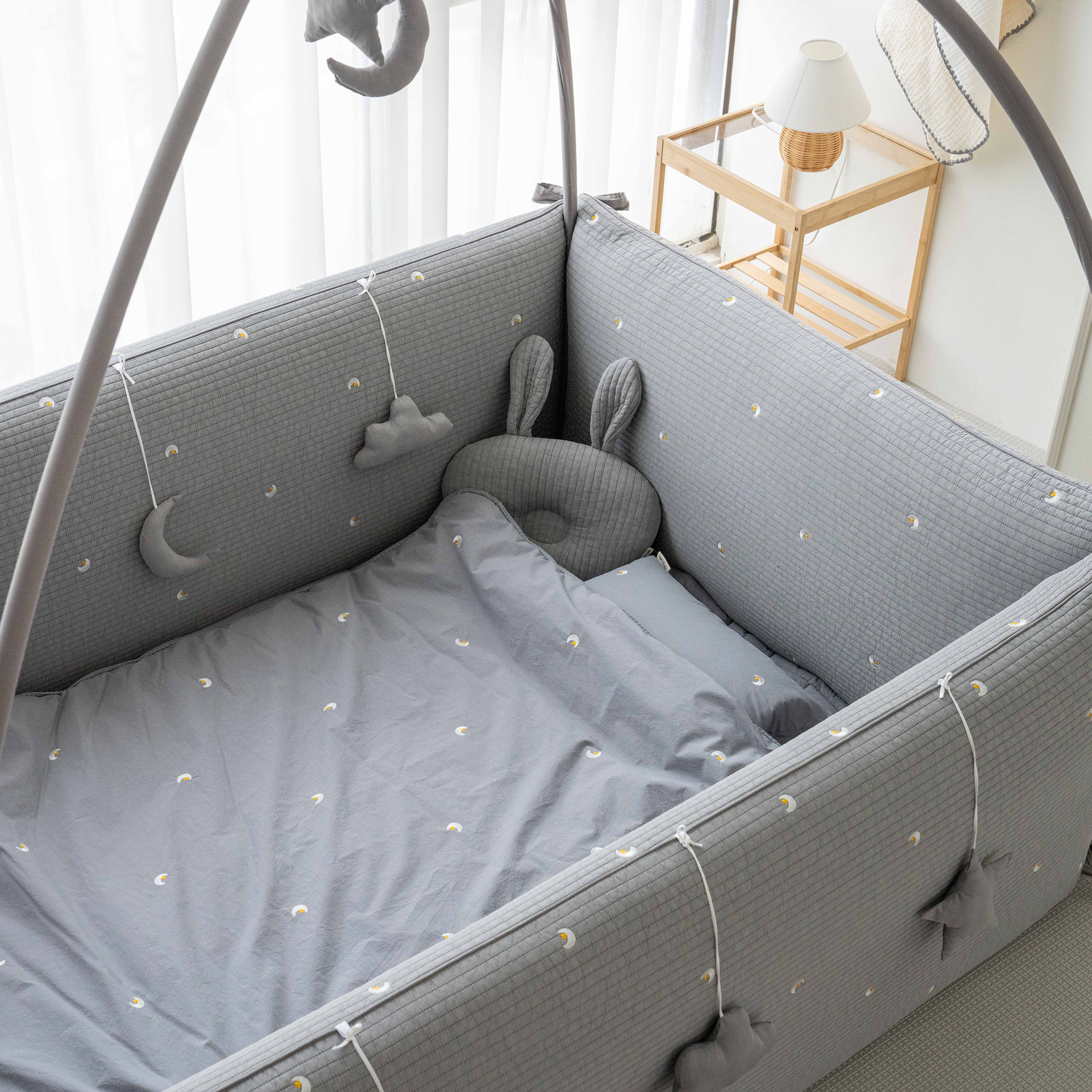 LOLBaby Cotton Embroidery Bumper Bed with Hanging Toy and Canopy - Moon Star Grey (Pre Order Feb 2026)