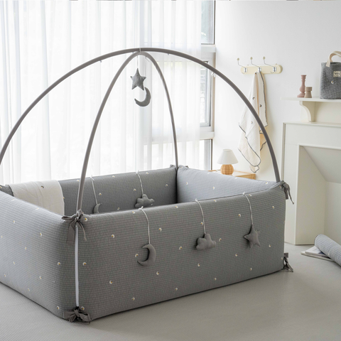 LOLBaby Cotton Embroidery Bumper Bed with Hanging Toy and Canopy - Moon Star Grey
