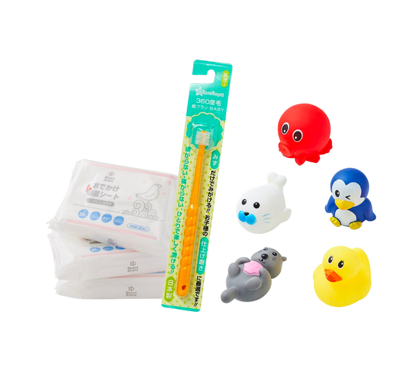 Smart Angel Toothbrush 360 Bristles + Sanitizer wipes (30 sheets) 3 packets + Baby squirts bath toys