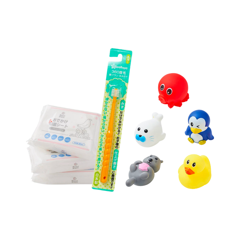 Smart Angel Toothbrush 360 Bristles + Sanitizer wipes (30 sheets) 3 packets + Baby squirts bath toys