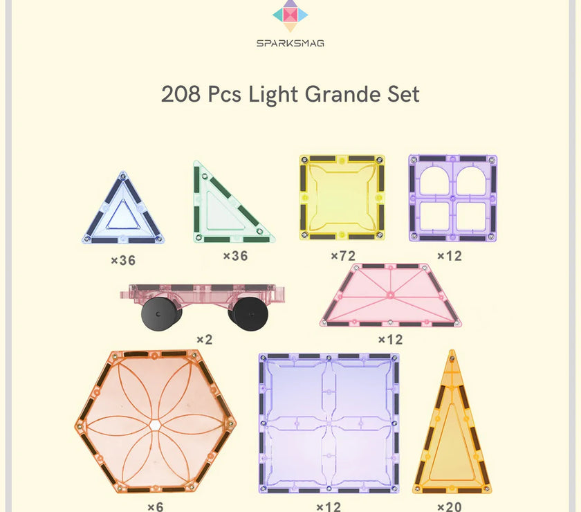 SparksMag Light 208 Pcs Grande Magnetic Tiles Set