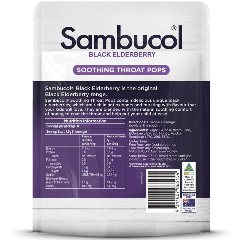 Sambucol Soothing Throat Pops for Kids, 8 pops. Expiry 01/23-2