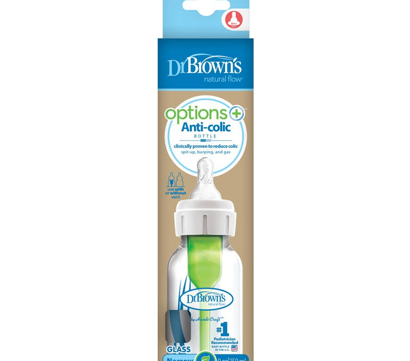 Dr Brown’s Natural Flow Anti-Colic Options Narrow Glass Baby Bottle (Level 1 Nipple)