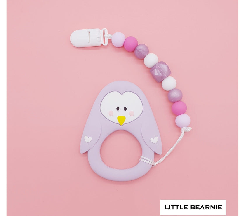 Little Bearnie Modern Baby Teether Clip Set - Lovely Penguin (Lilac) | Little Baby.