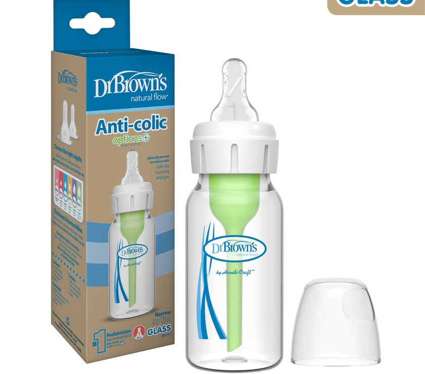 Dr Brown’s Natural Flow Anti-Colic Options Narrow Glass Baby Bottle (Level 1 Nipple)