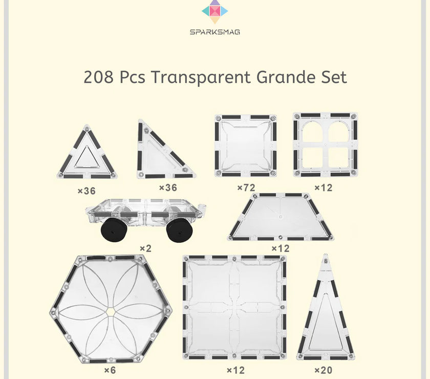 SparksMag Transparent 208 Pcs Grande Magnetic Tiles Set