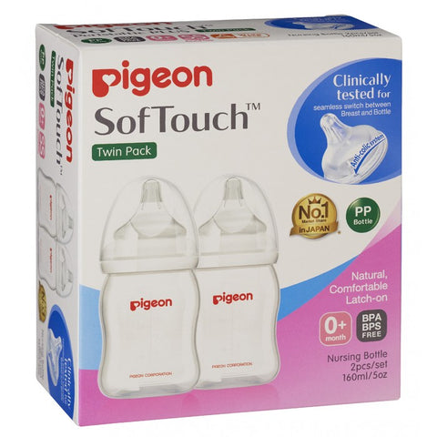 Pigeon SofTouch™ Peristaltic PLUS PP Bottle, Twin Pack Wide Neck Nursing Bottle 160ml (SS Teat) 0m+ | Little Baby.