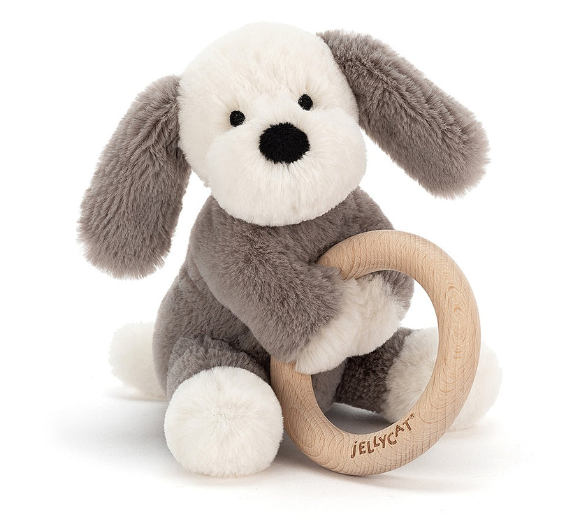 JellyCat Shooshu Puppy Wooden Ring Toy | Little Baby.