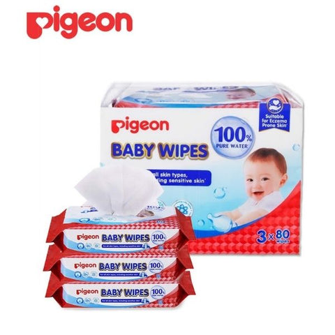 Pigeon Baby Wipes 100% Pure Water, 3 x 80 Sheets (Single Pack) | Little Baby.