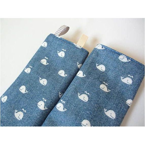 Jinglebib Drool Pad - White Whales on Denim Print | Little Baby.