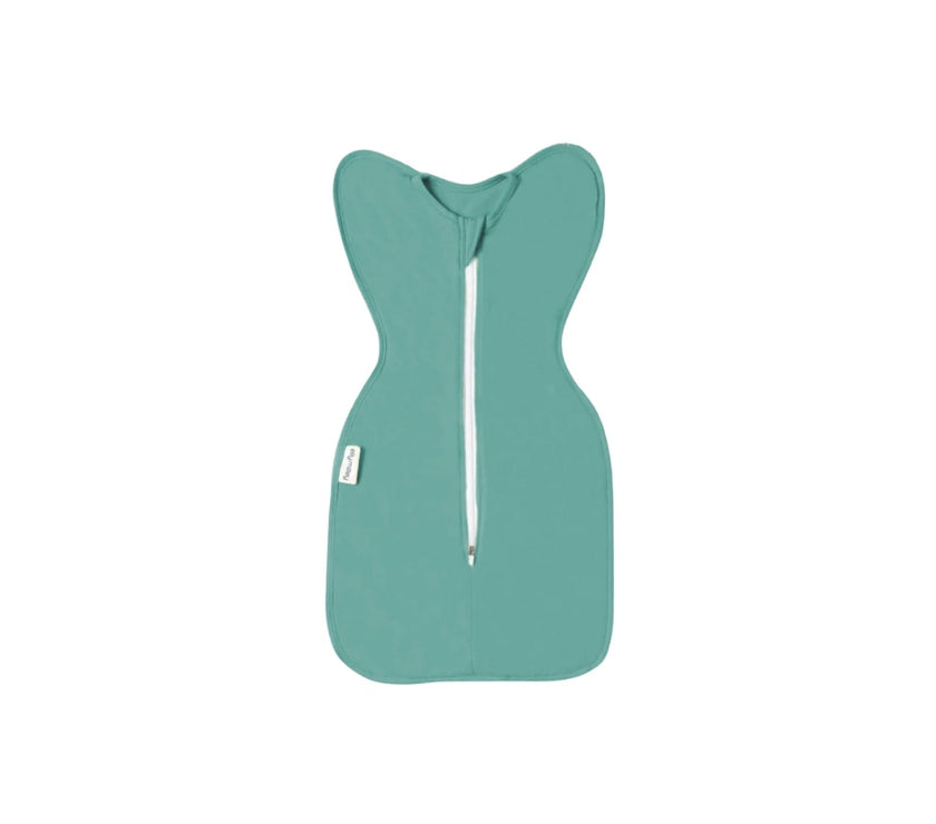newborn arms up swaddle in mint colour