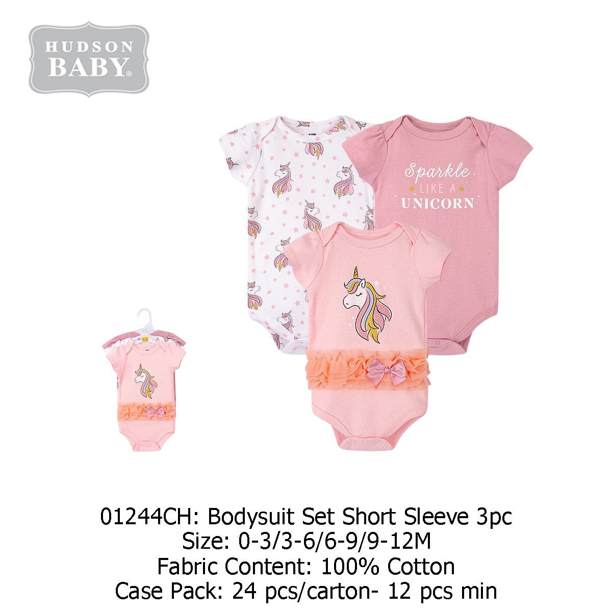 Hudson Baby Bodysuit with Short Sleeve 3pc-UNICORN